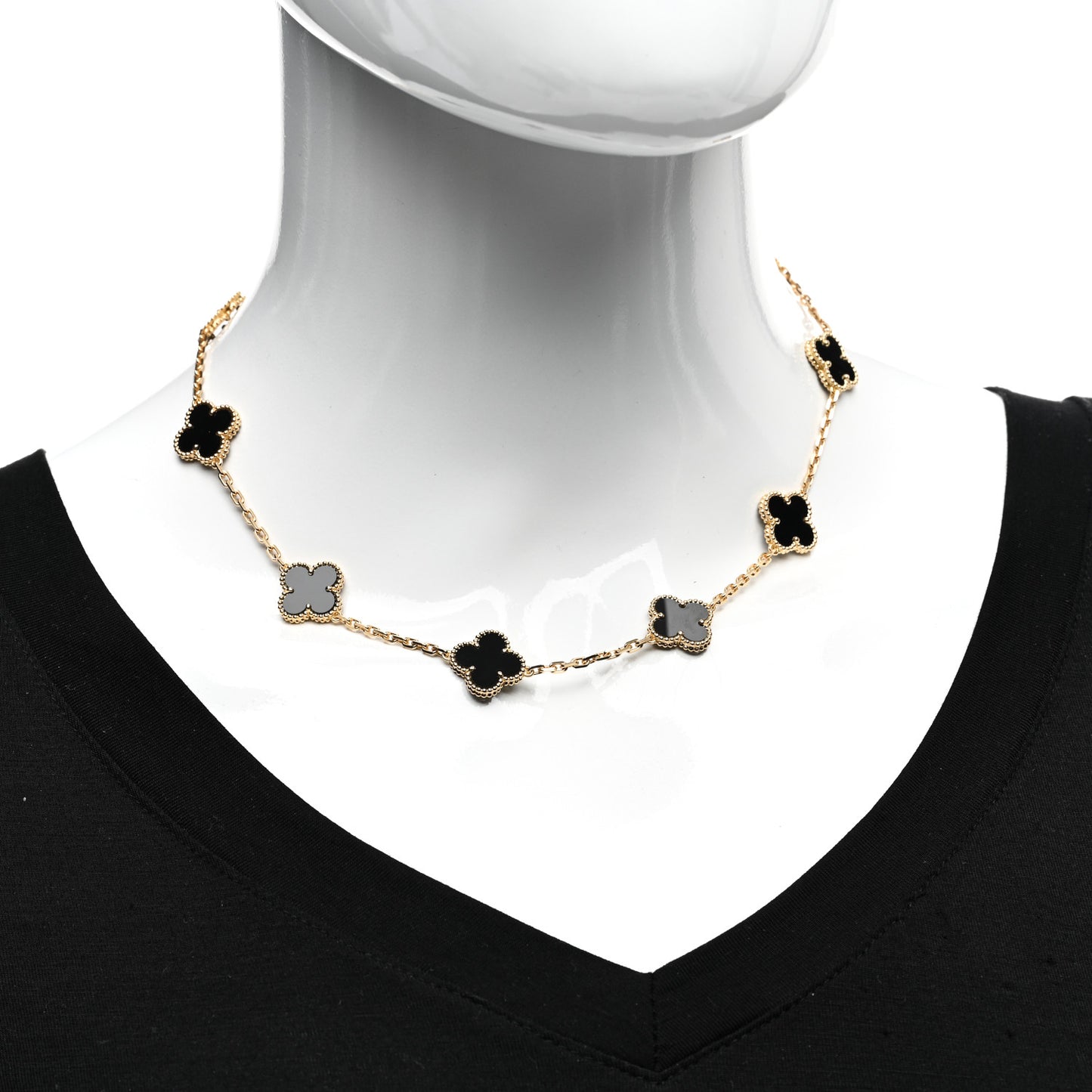 18K Yellow Gold Black Onyx 10 Motifs Vintage Alhambra Necklace