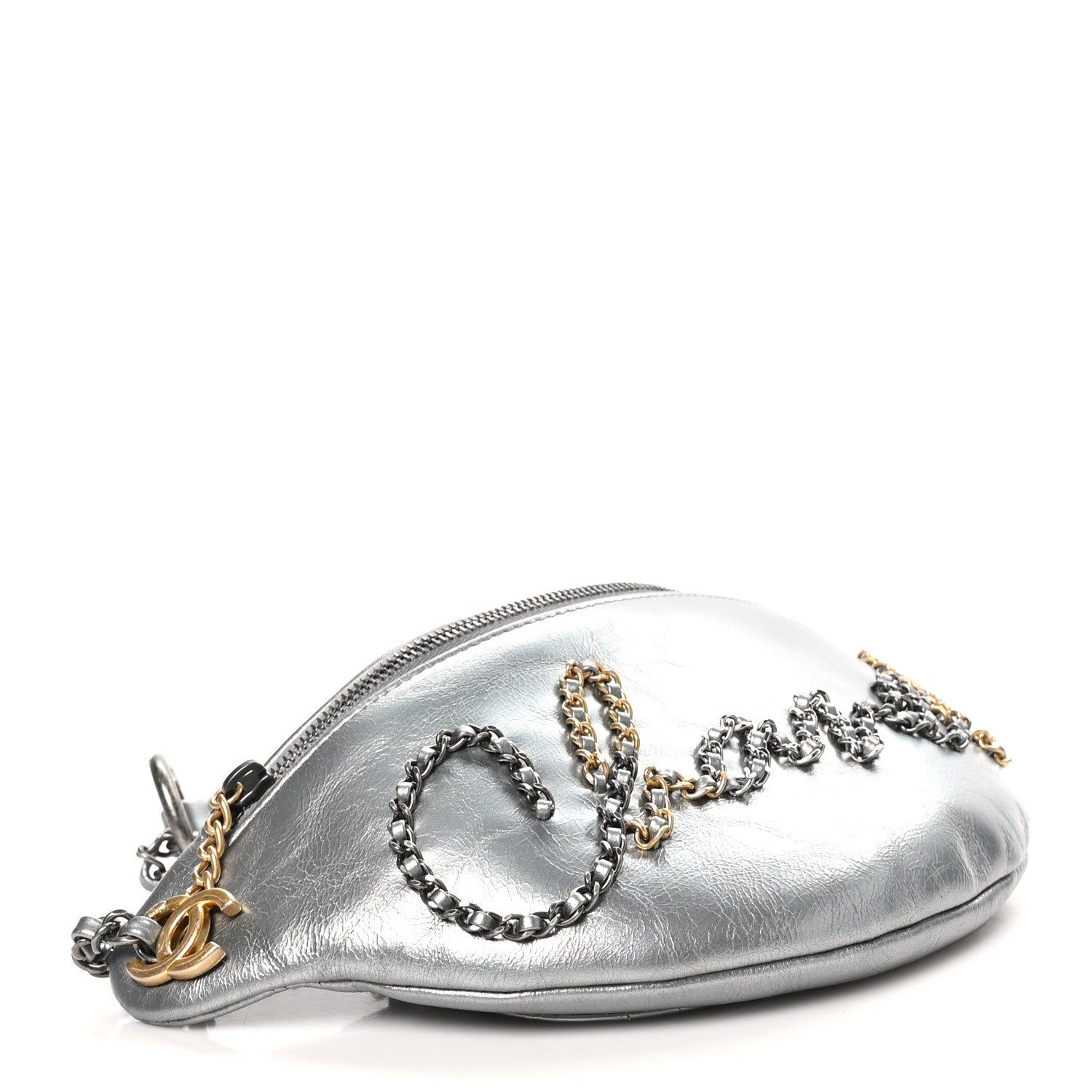 Chanel Metallic Crumpled Calfskin Chain 20s Signe Waist Bag Silver 4 of 11