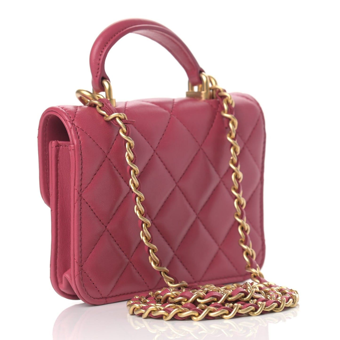 Lambskin Quilted Top Handle Flap Coin Purse With Chain Dark Pink