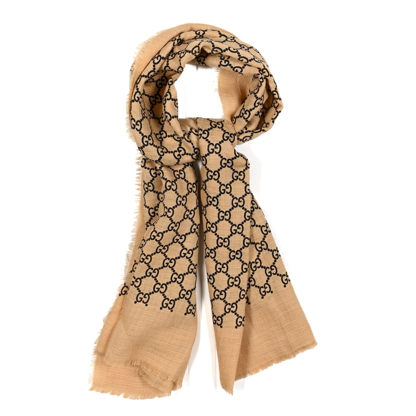 Linen Wool Silk Lady GG Monogram Straw Scarf Sand Black