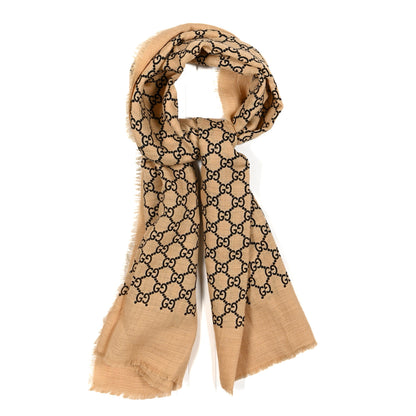 Gucci Linen Wool Silk Lady GG Monogram Straw Scarf Sand Black 1 of 4