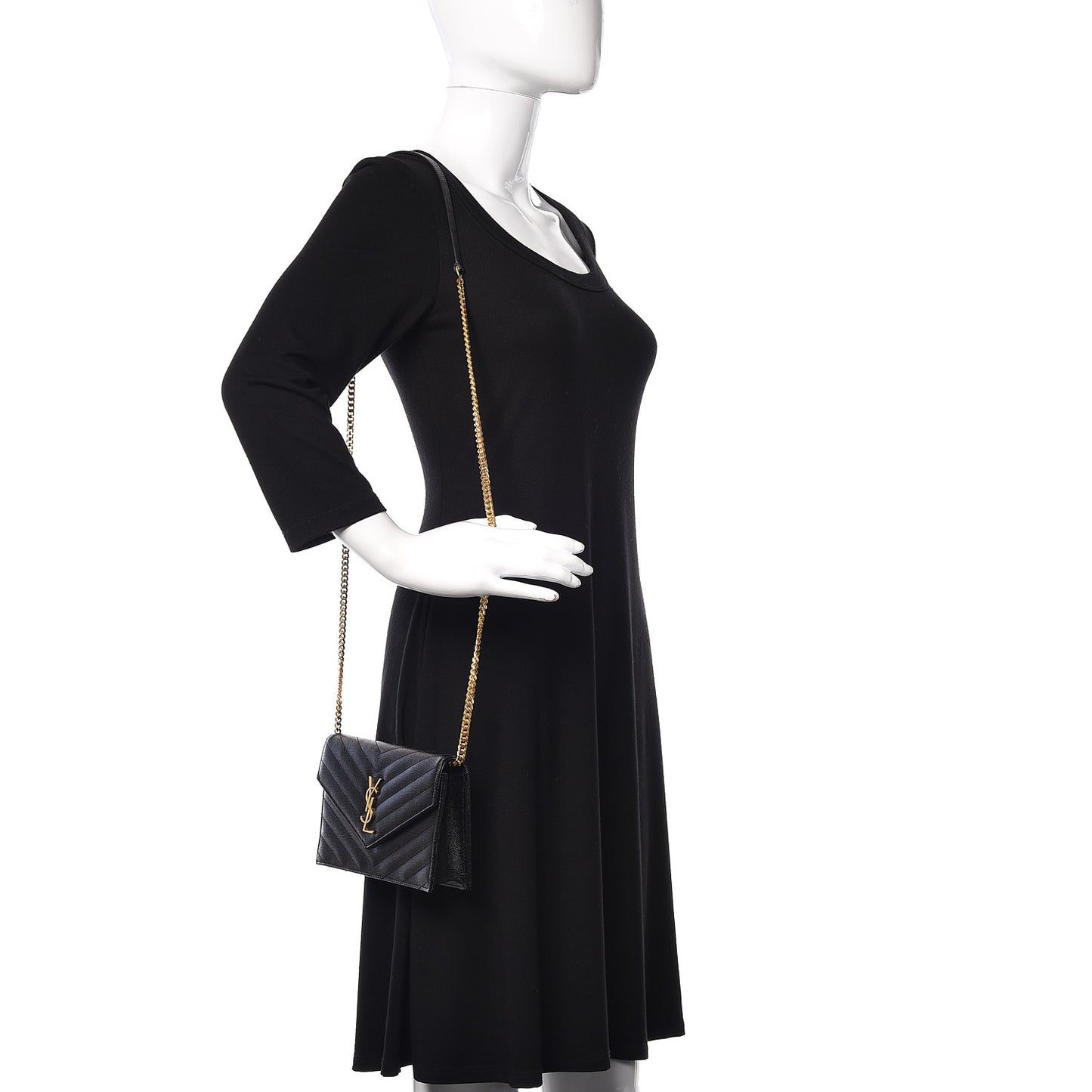 Grain De Poudre Matelasse Chevron Monogram Envelope Chain Wallet Black