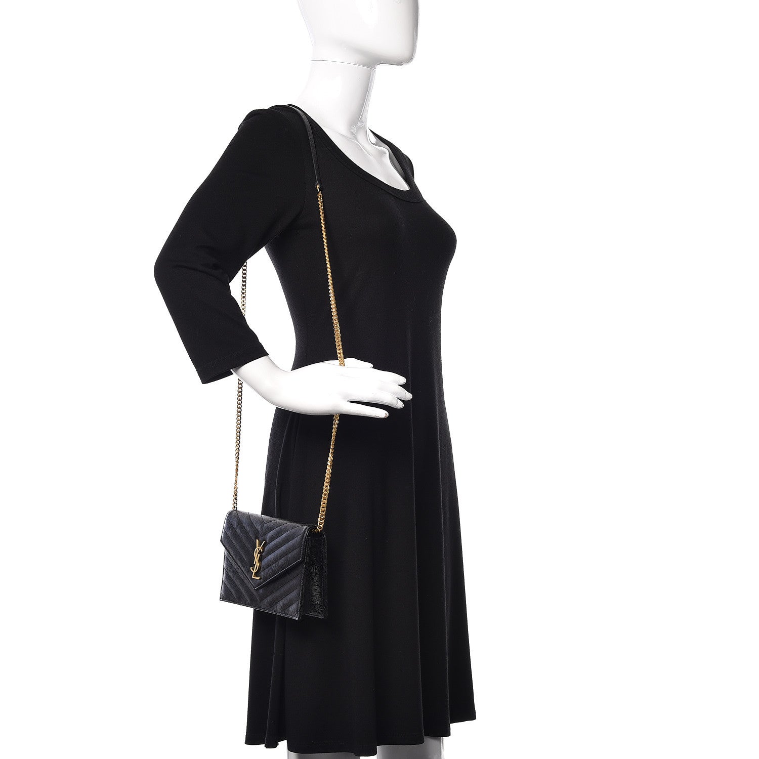 Saint Laurent Grain De Poudre Matelasse Chevron Monogram Envelope Chain Wallet Black 2 of 11
