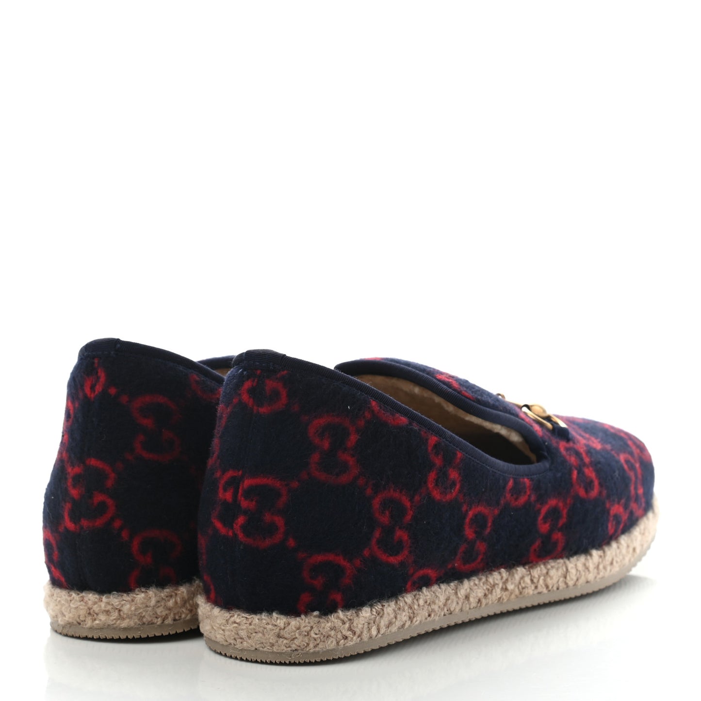 Covered Wool GG Monogram Mens Fria Horsebit Loafers 8 Blue Red Butterscotch