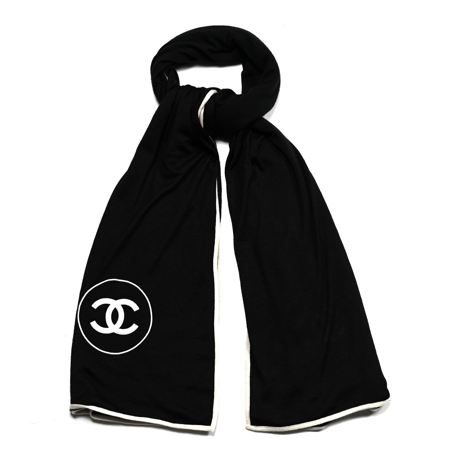 Chanel Cashmere Silk CC Logo Stole Black White 1 of 4