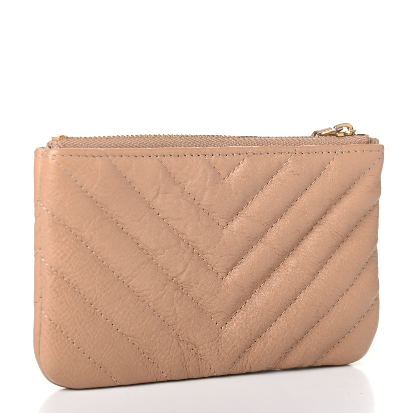 Crumpled Calfskin Chevron Quilted Small Cosmetic Case Dark Beige