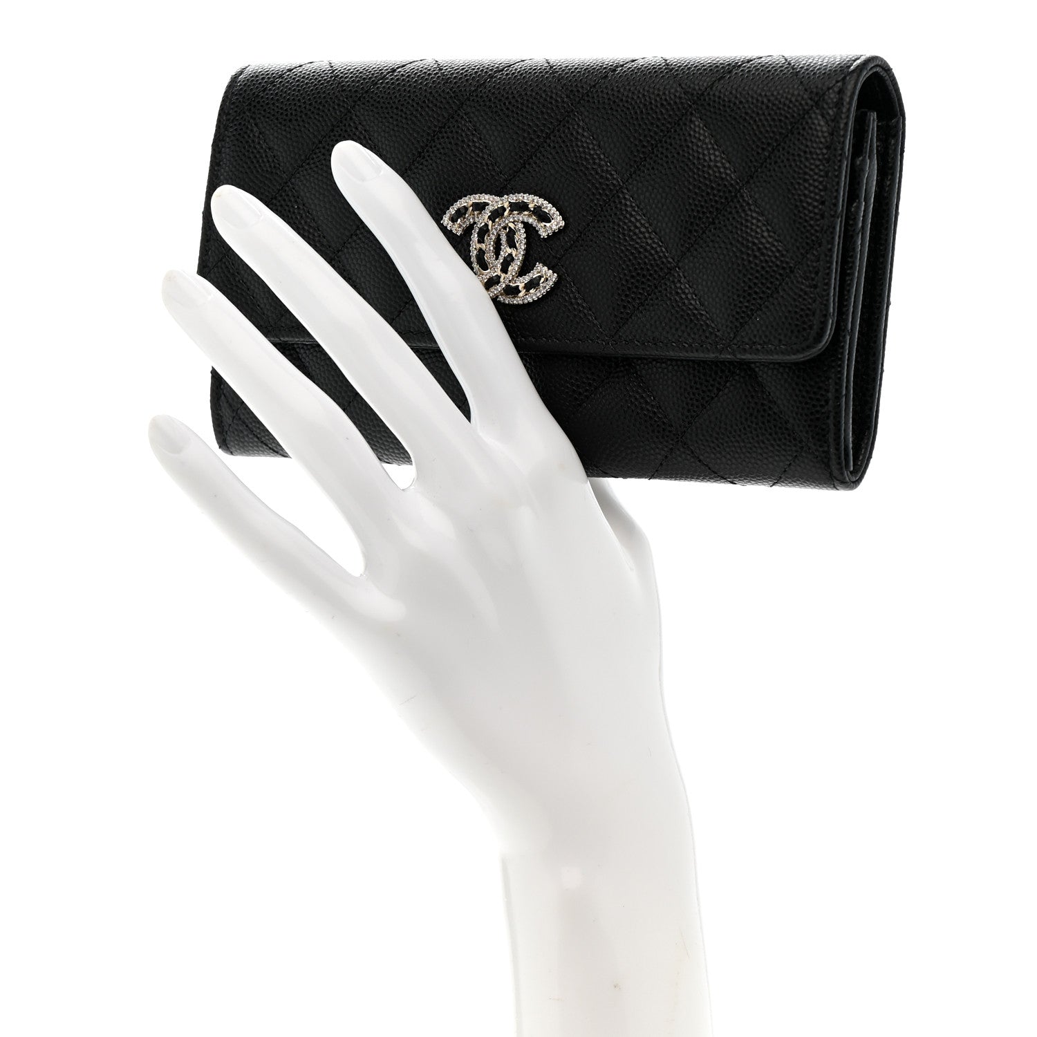 Chanel Caviar Quilted Crystal CC Large Gusset Flap Wallet Black 2 of 9