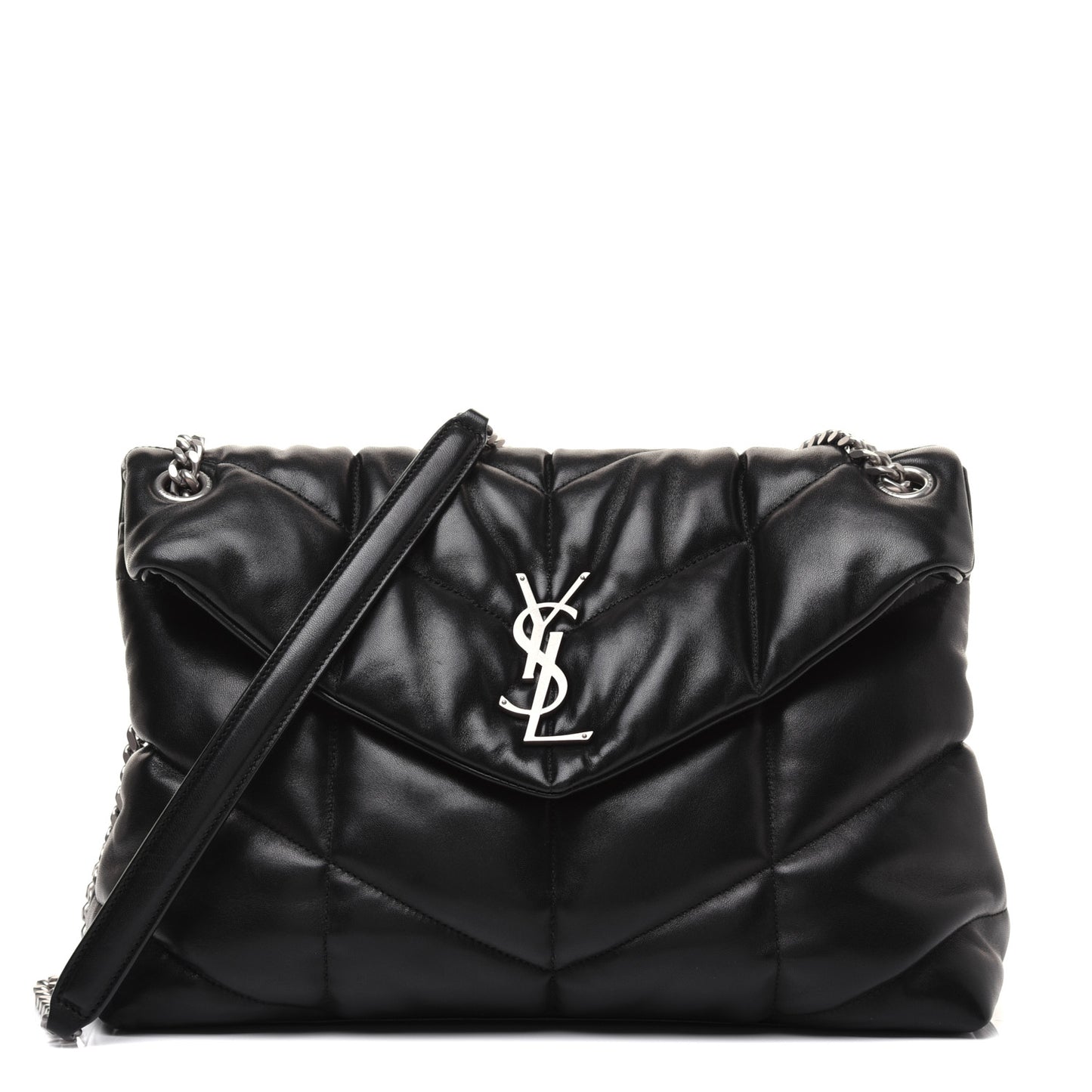Lambskin Quilted Medium Loulou Puffer Monogram Chain Satchel Black