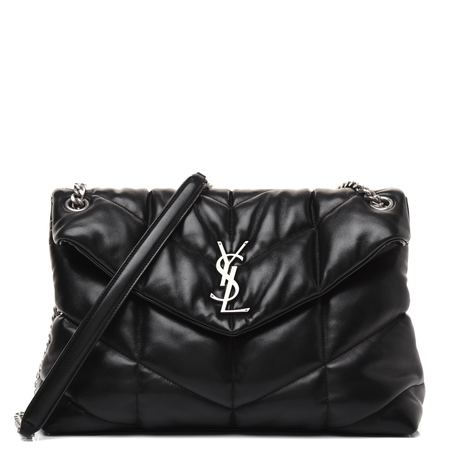 Saint Laurent Lambskin Quilted Medium Loulou Puffer Monogram Chain Satchel Black 1 of 23