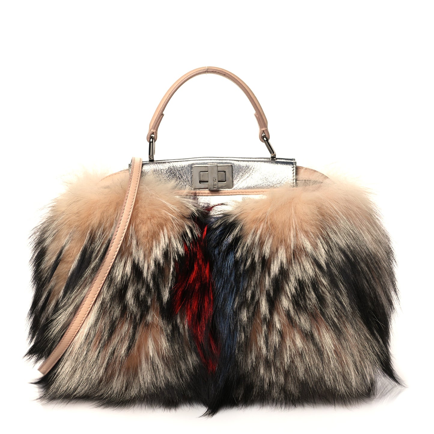 Metallic Nappa Fox Fur Mini Peekaboo Iconic Satchel Brown Multicolor