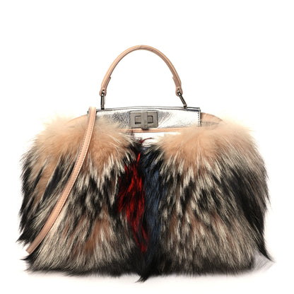 Fendi Metallic Nappa Fox Fur Mini Peekaboo Iconic Satchel Brown Multicolor 1 of 9
