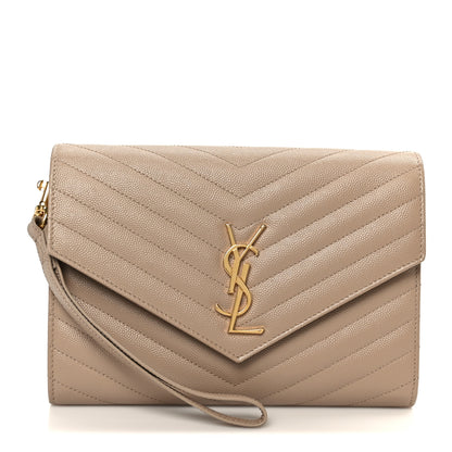 Saint Laurent Grain De Poudre Matelasse Chevron Monogram Envelope Clutch Dark Beige 1 of 10