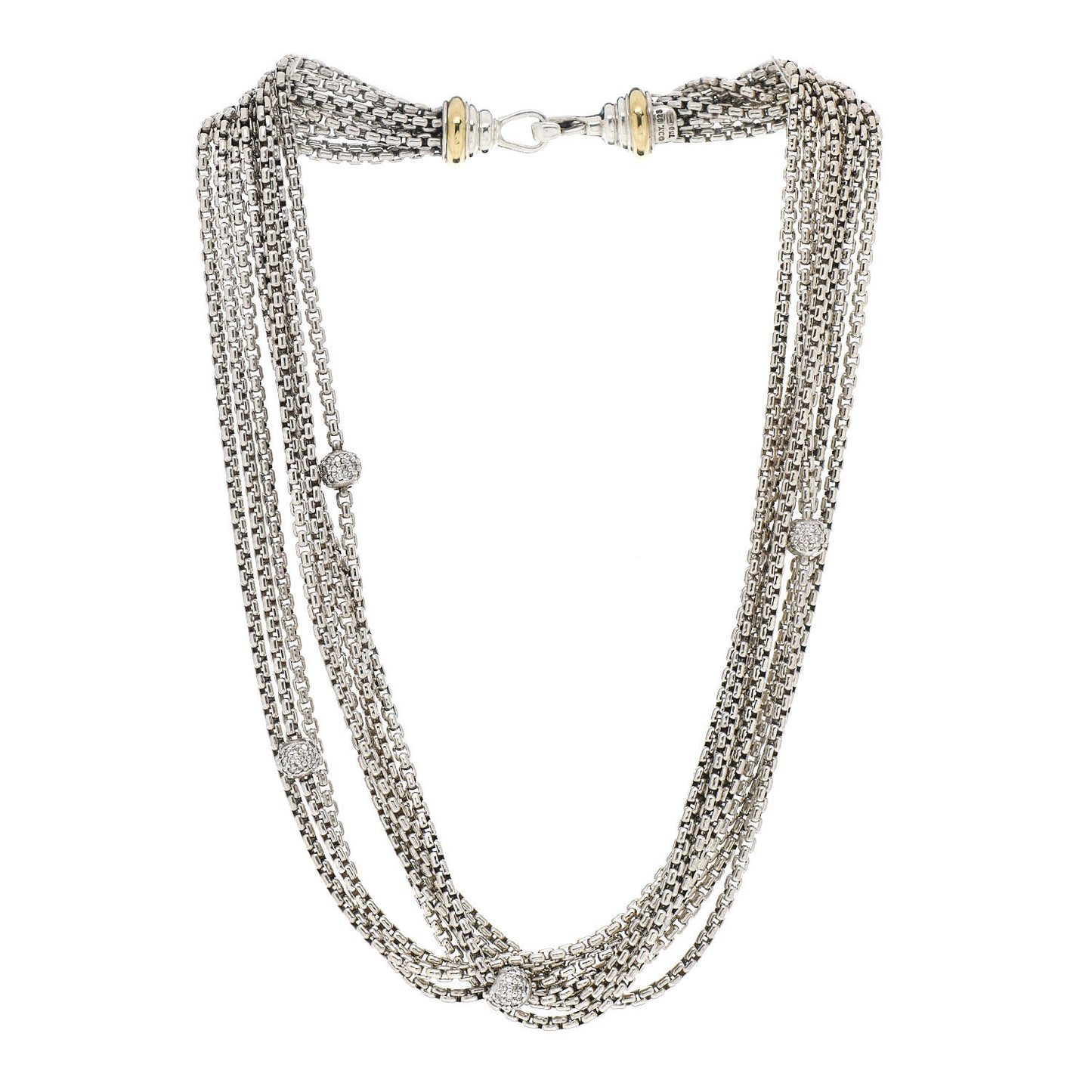 Sterling Silver 18K Yellow Gold Diamond Eight Strand Pave Station Necklace
