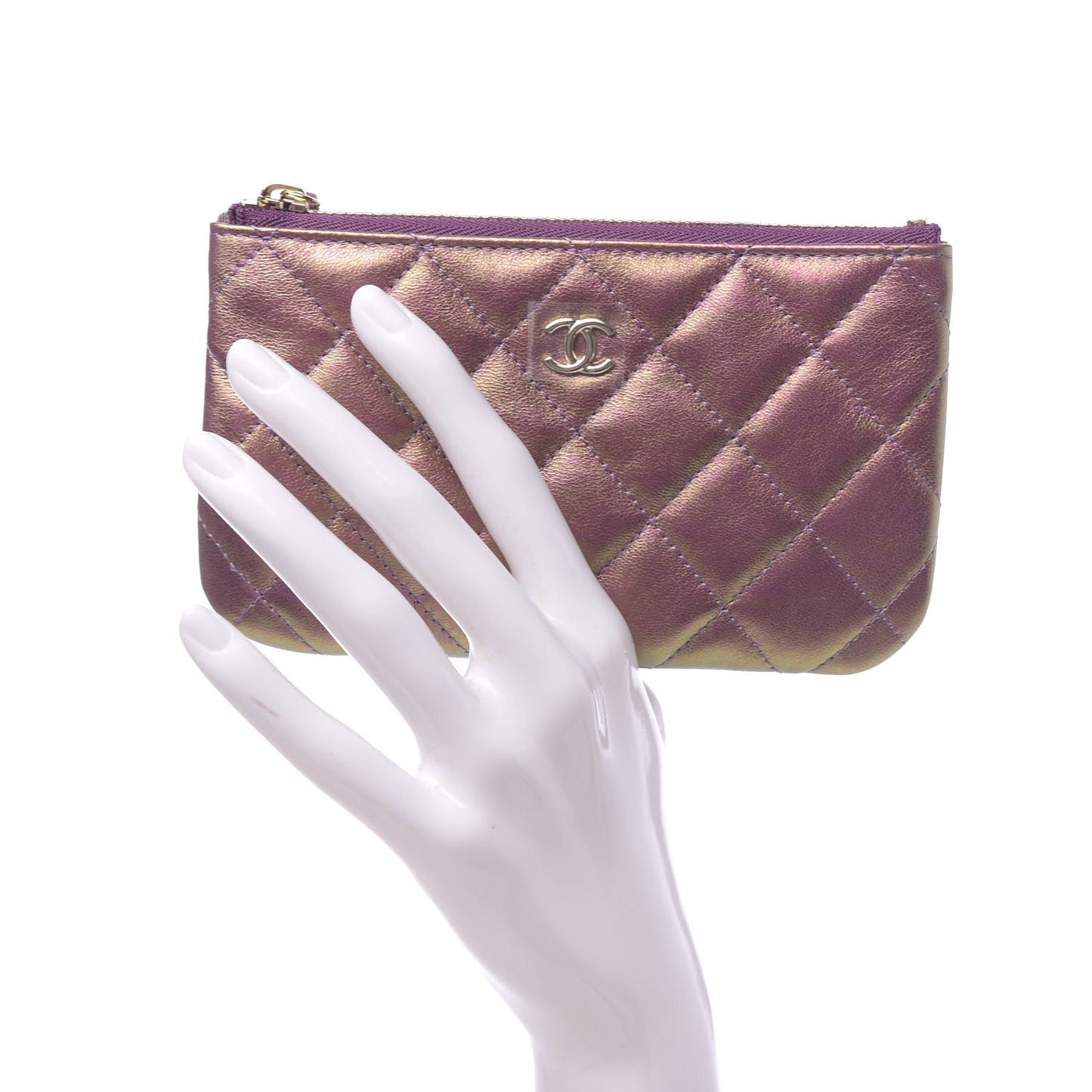 Iridescent Lambskin Quilted Small Cosmetic Case Purple