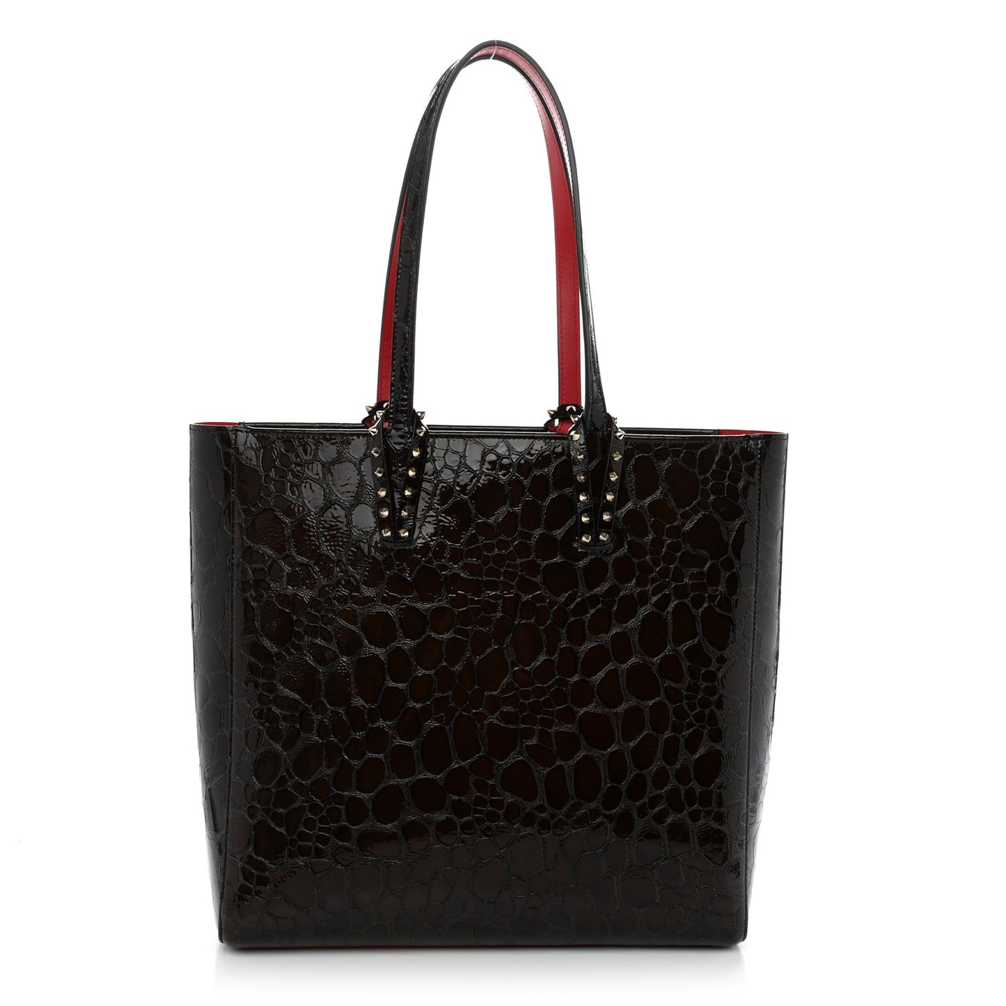 Patent Calfskin Crocodile Embossed Spikes Zipped Cabata Tote Brown