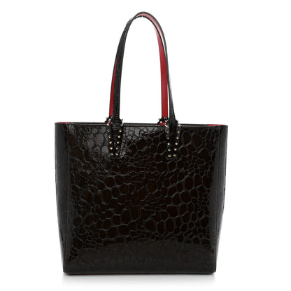 Christian Louboutin Patent Calfskin Crocodile Embossed Spikes Zipped Cabata Tote Brown 1 of 10