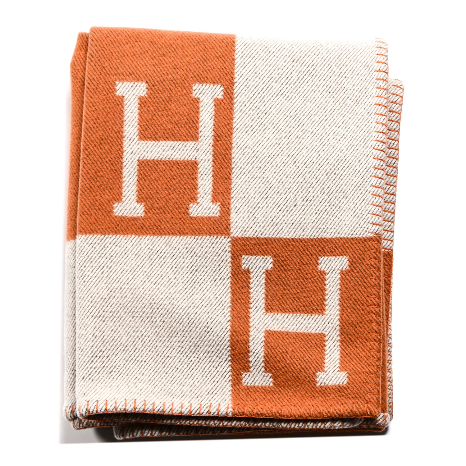 Hermes Wool Cashmere Signature Classic Avalon Blanket Ecru Potiron 1 of 3