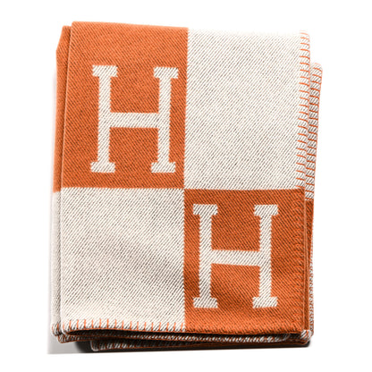 Hermes Wool Cashmere Signature Classic Avalon Blanket Ecru Potiron 1 of 3