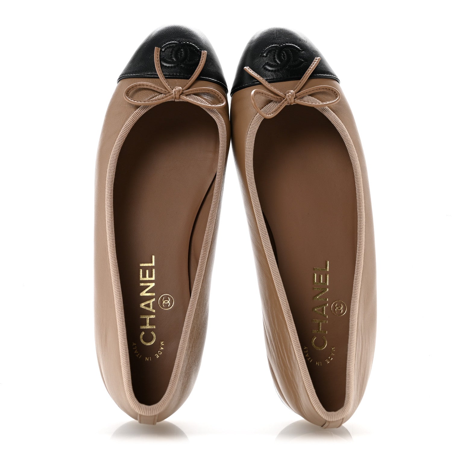Chanel Lambskin Cap Toe CC Ballerina Flats 38.5 Beige Black 2 of 10