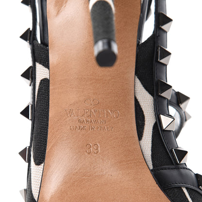 Valentino Garavani Canvas Giraffe Print Rockstud Ankle Strap Pumps 39 Black White 7 of 10