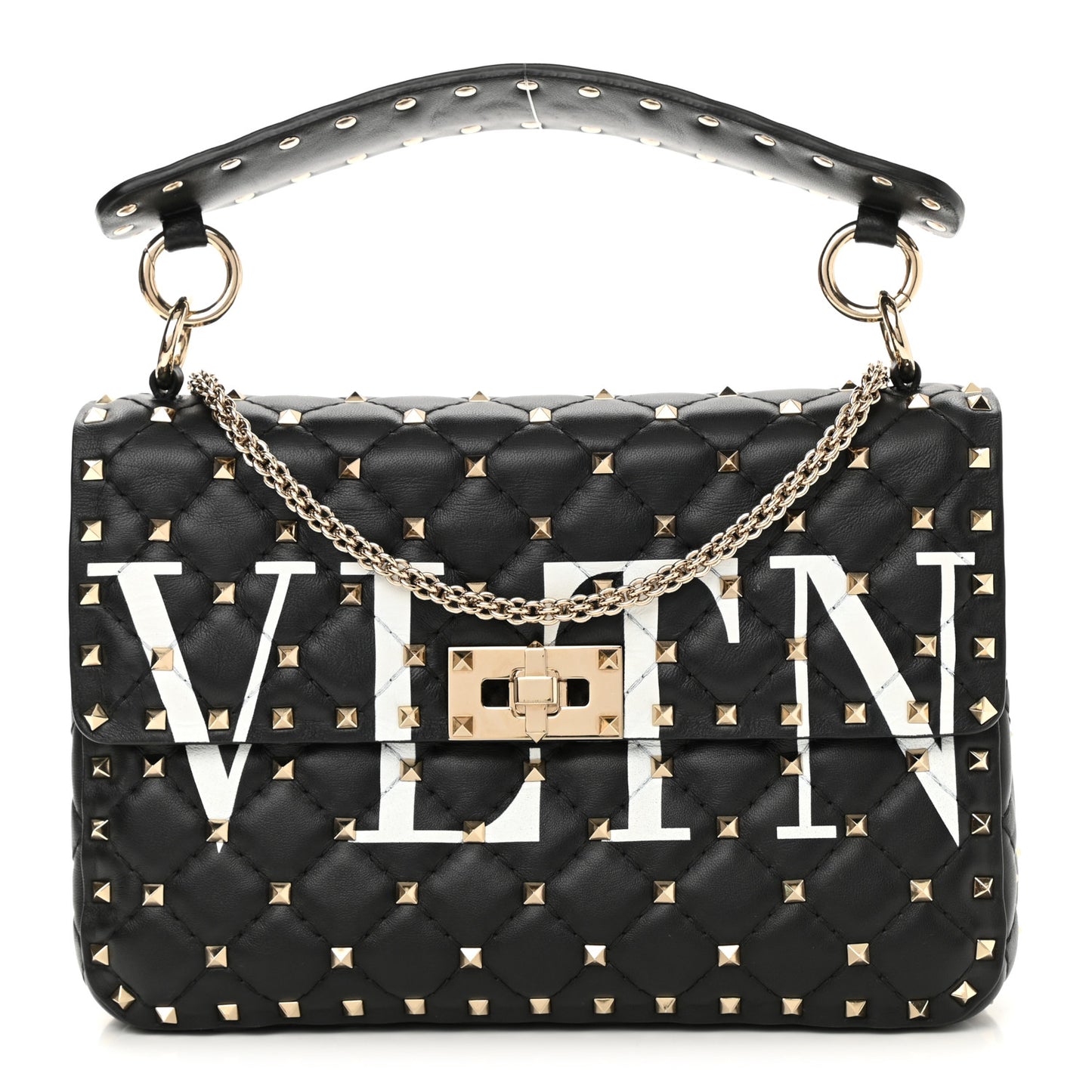 Lambskin VLTN Print Medium Rockstud Spike Shoulder Bag Black
