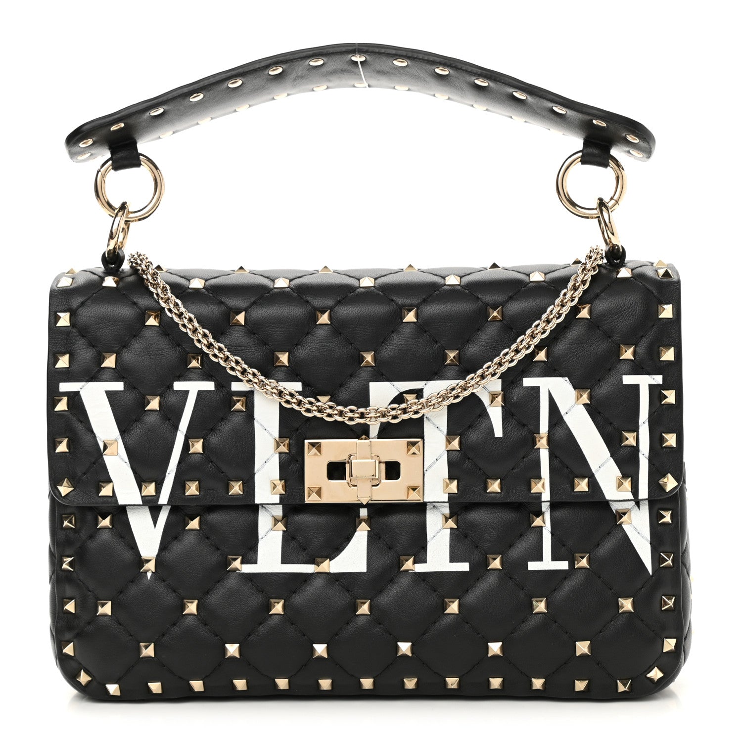 Valentino Garavani Lambskin VLTN Print Medium Rockstud Spike Shoulder Bag Black 1 of 8