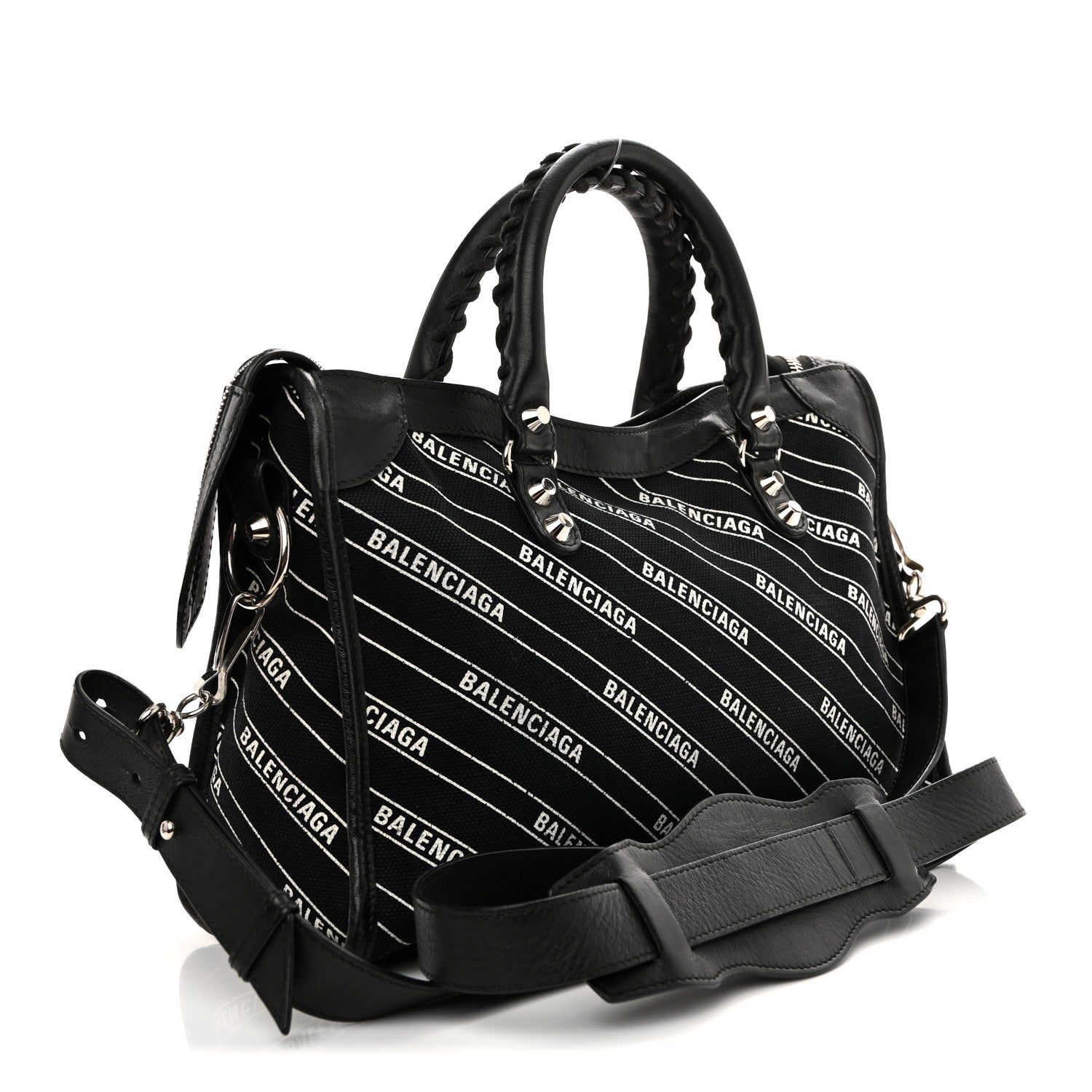 Balenciaga Canvas Satin Calfskin Diagonal Allover Logo Print Classic Silver Hardware S City Black White 4 of 12