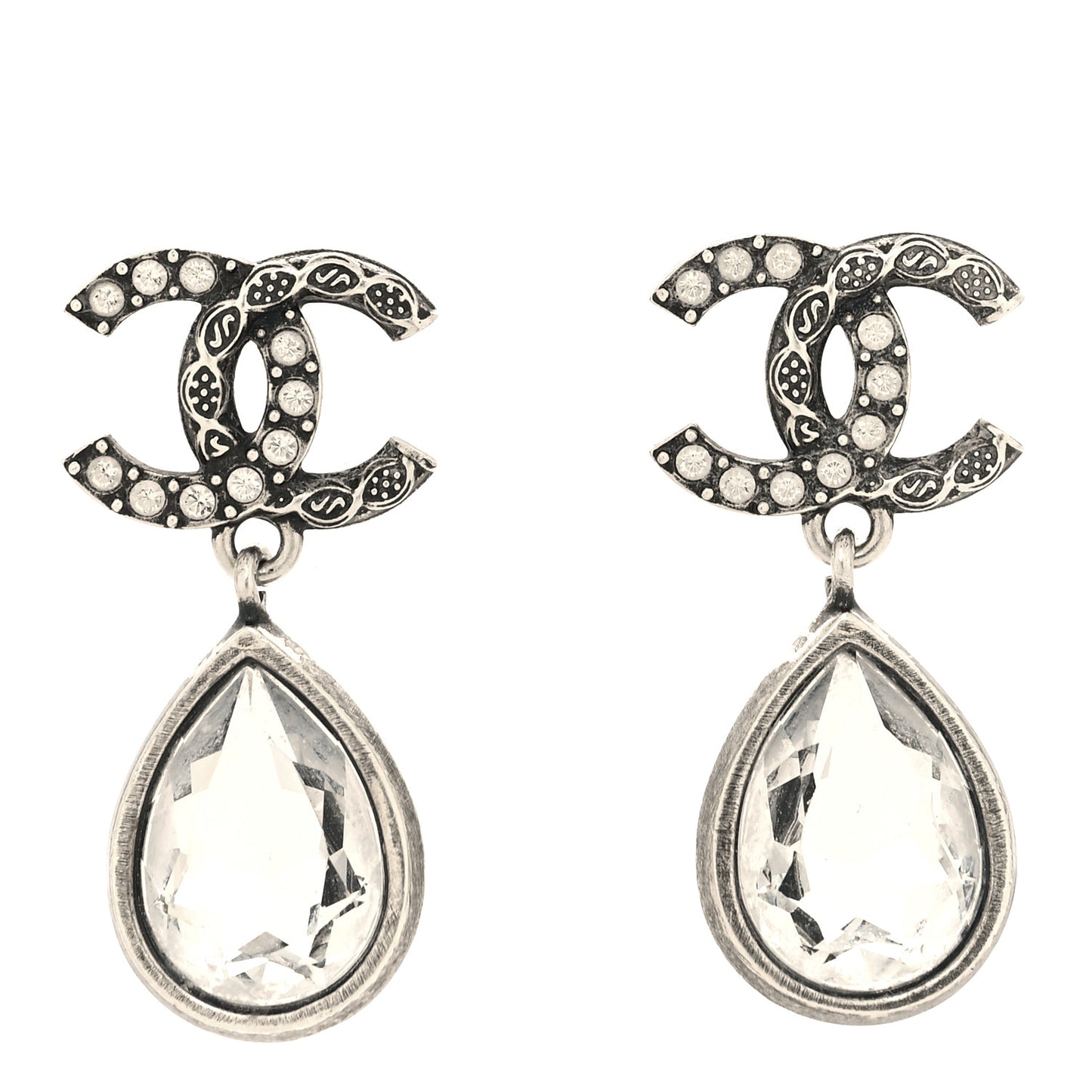Crystal CC Tear Drop Earrings Silver
