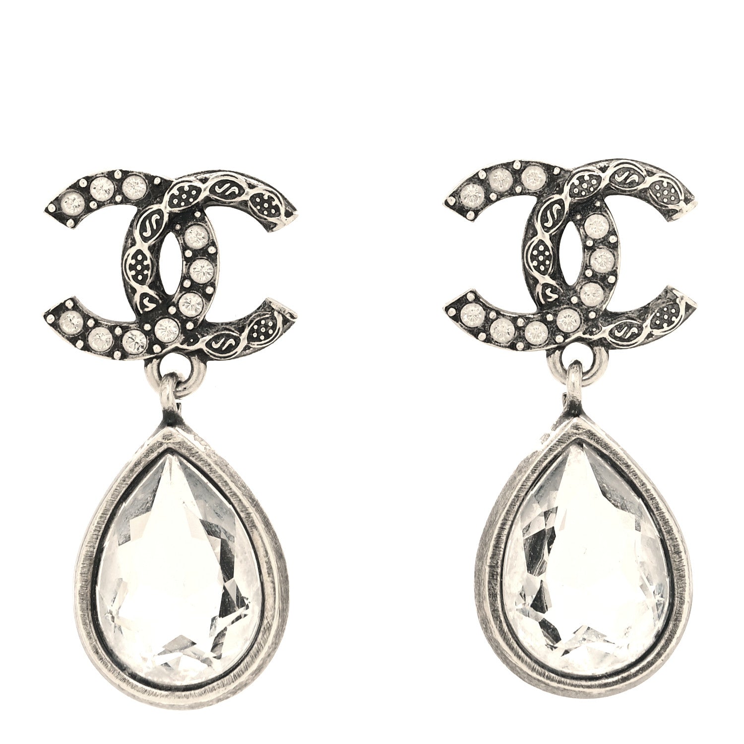 Chanel Crystal CC Tear Drop Earrings Silver 1 of 4