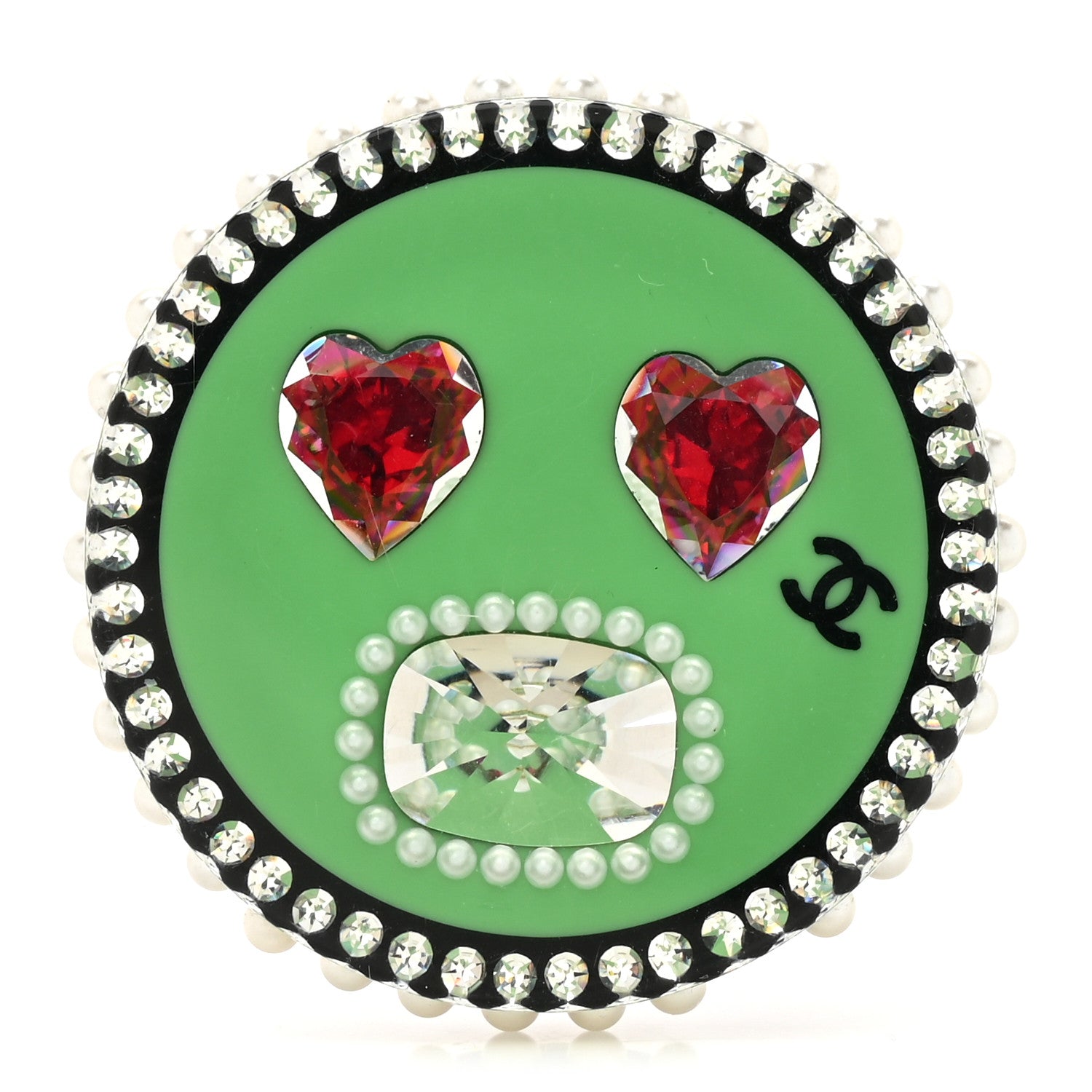 Chanel Metal Resin Pearl Emoji Brooch Silver Green 1 of 3