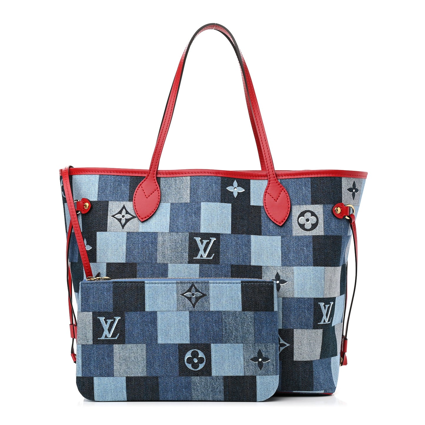 Denim Damier Monogram Patchwork Neverfull Blue Rouge