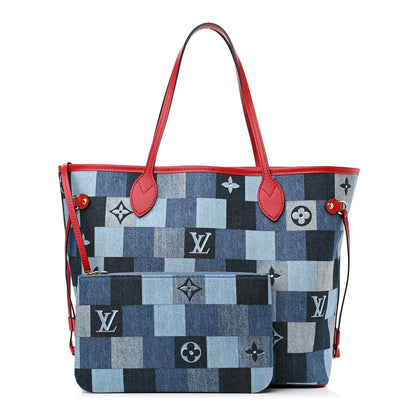 Louis Vuitton Denim Damier Monogram Patchwork Neverfull Blue Rouge 1 of 9