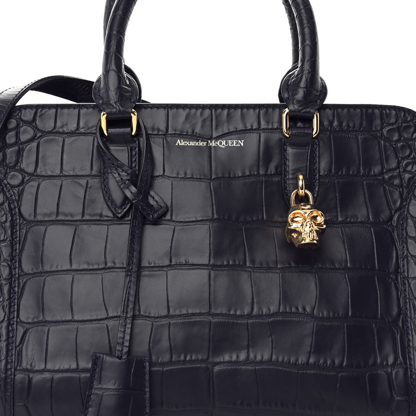 Calfskin Crocodile Embossed Small Skull Padlock Zip Around Tote Navy Blue