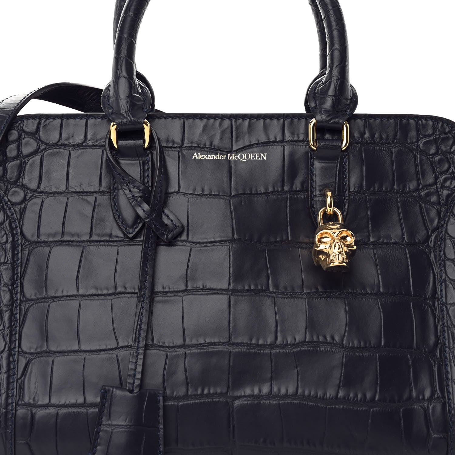 Alexander McQueen Calfskin Crocodile Embossed Small Skull Padlock Zip Around Tote Navy Blue 8 of 11