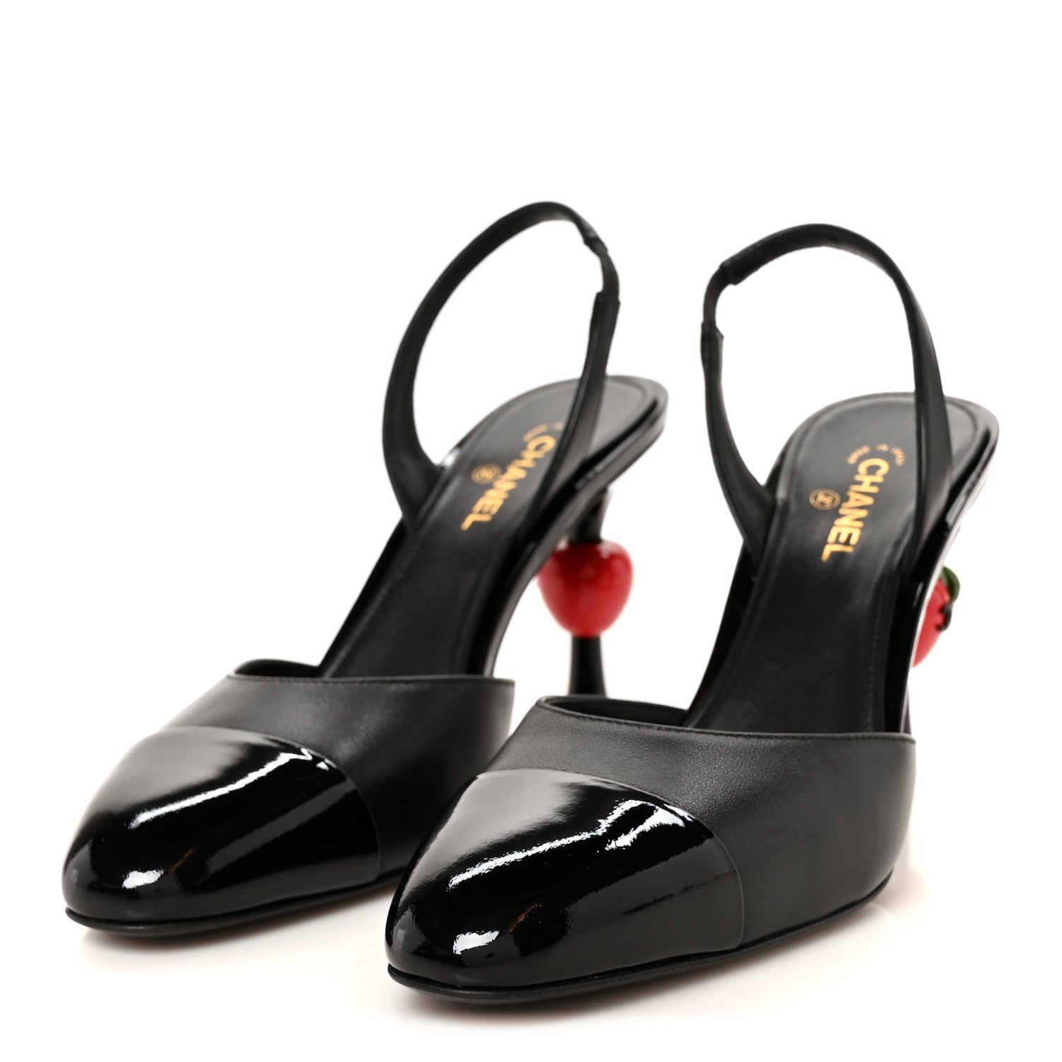Chanel Lambskin Patent Cap Toe CC Apple Slingback Pumps 38 Black 4 of 10