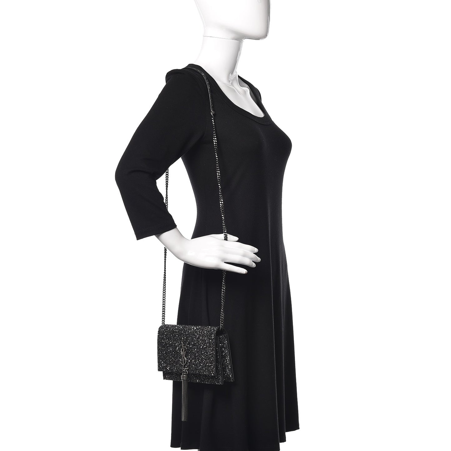Metallic Glitter Classic Monogram Kate Tassel Chain Wallet Gun Metal Black