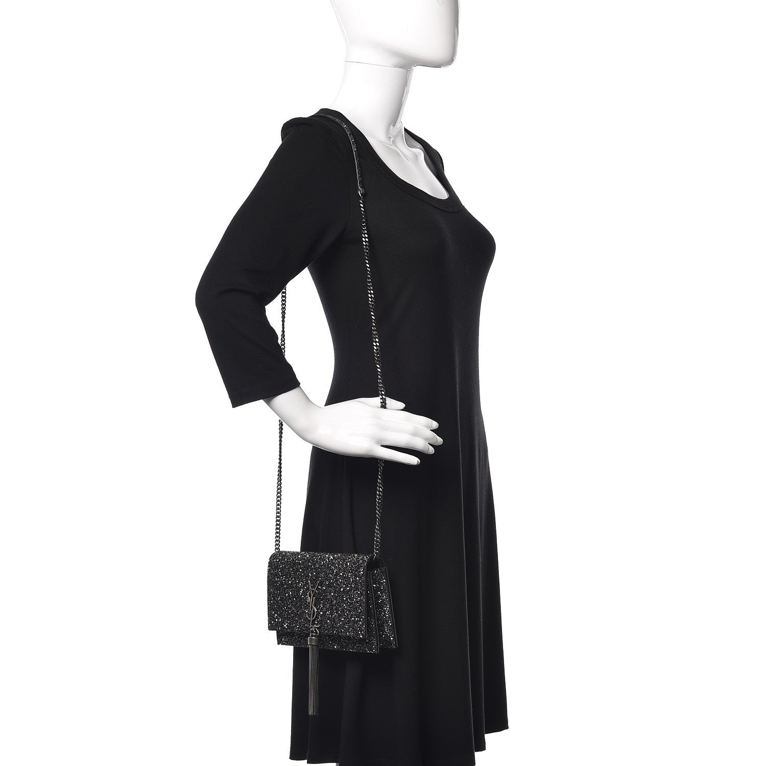 Saint Laurent Metallic Glitter Classic Monogram Kate Tassel Chain Wallet Gun Metal Black 2 of 8