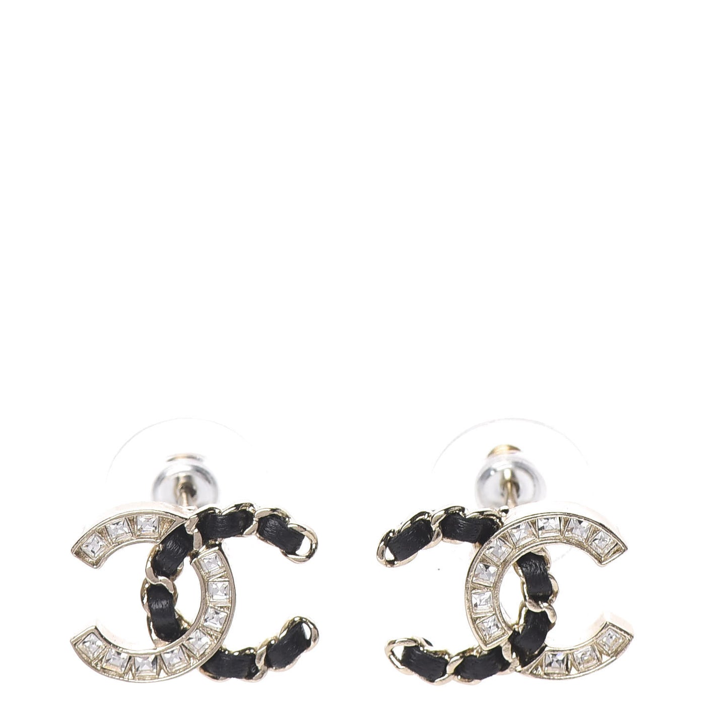 Crystal Baguette Lambskin Chain CC Vintage Allure Stud Earrings Black Gold