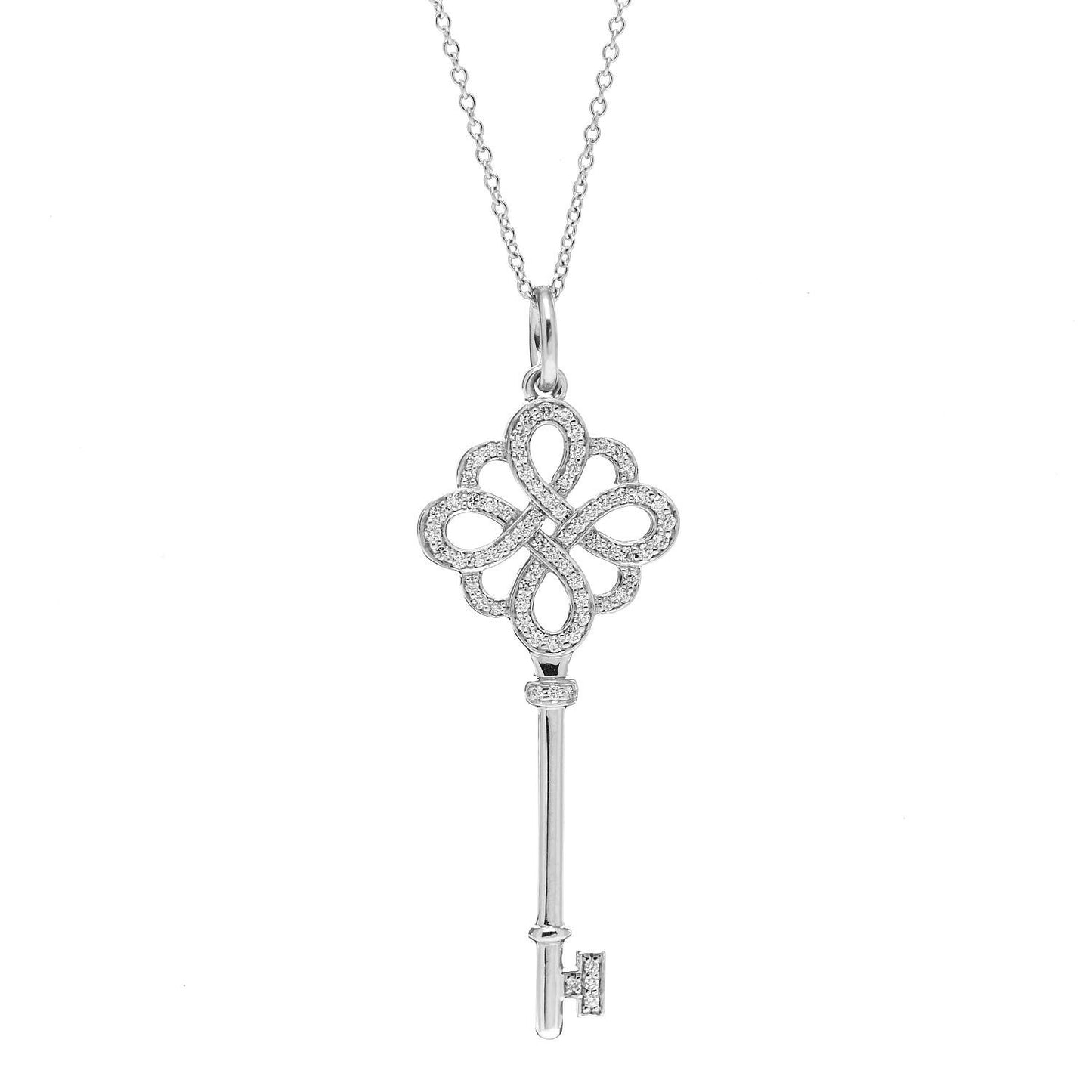 18K White Gold Diamond Knot Key Pendant Necklace