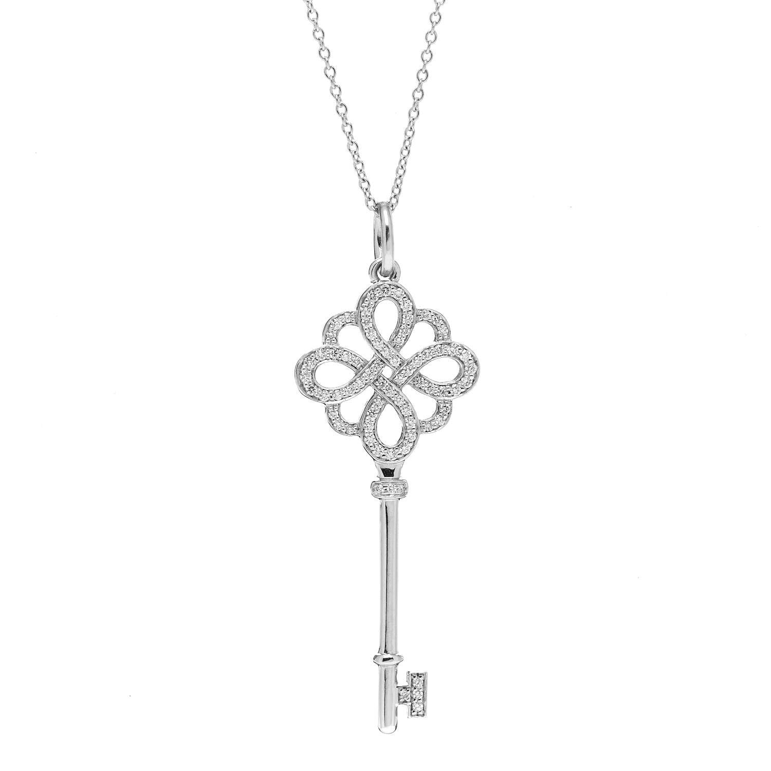Tiffany 18K White Gold Diamond Knot Key Pendant Necklace 4 of 5