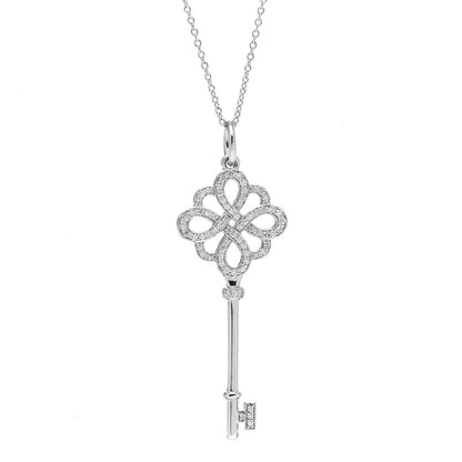 Tiffany 18K White Gold Diamond Knot Key Pendant Necklace 4 of 5