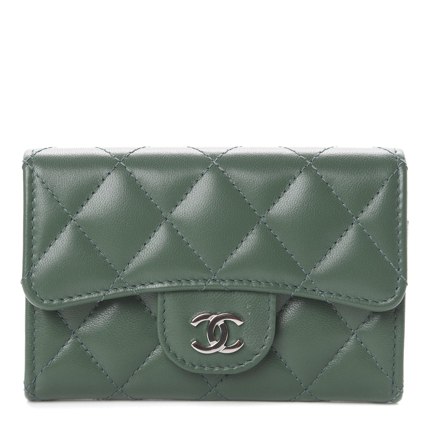 Lambskin Quilted Flap Card Holder Wallet Green