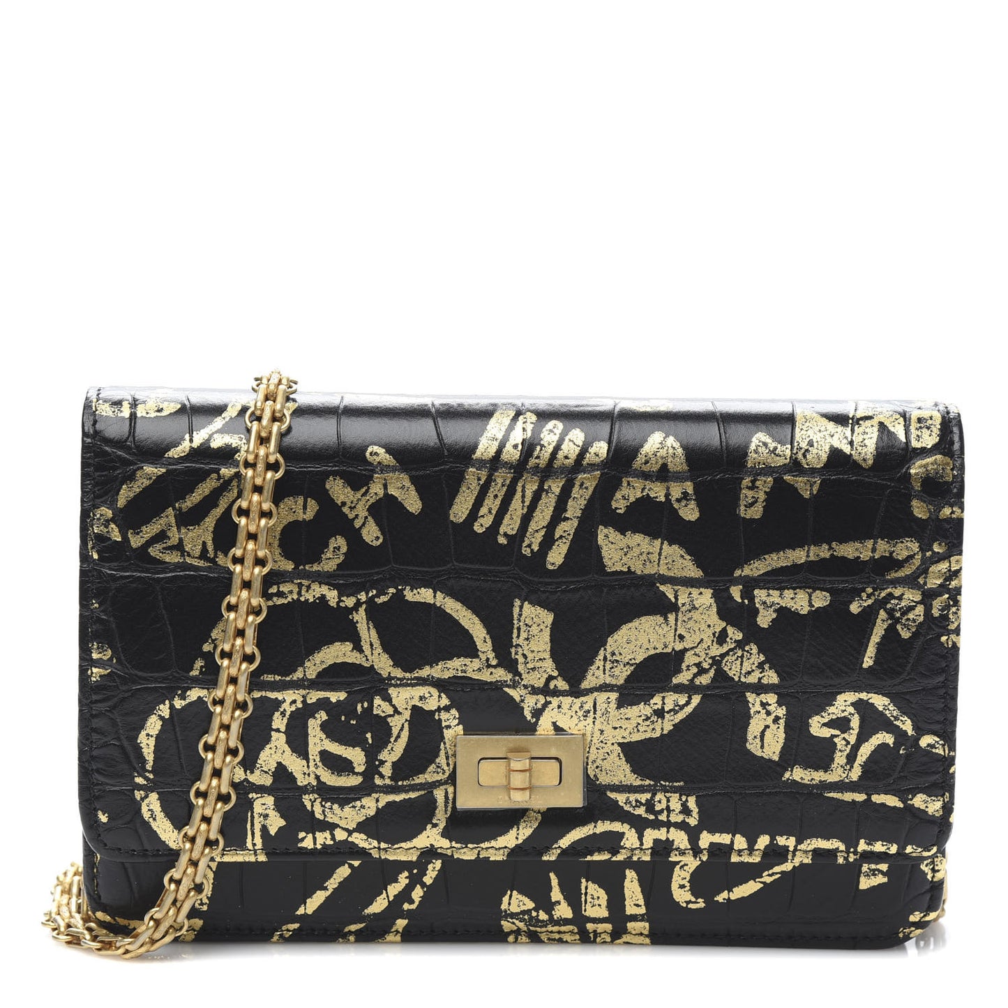 Calfskin Crocodile Embossed Graffiti 2.55 Cocodile Reissue Wallet On Chain WOC Black Gold