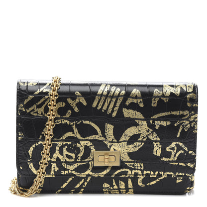Chanel Calfskin Crocodile Embossed Graffiti 2.55 Cocodile Reissue Wallet On Chain WOC Black Gold 1 of 12