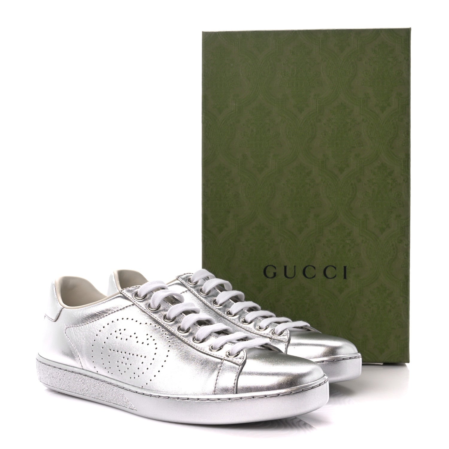Gucci Metallic Nappa Interlocking G Perforated Womens Ace Sneakers 38 Silver 10 of 10