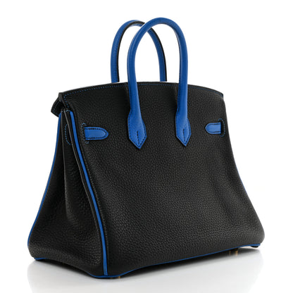 Hermes Taurillon Clemence Horseshoe Birkin 25 Black Bleu Hydra 2 of 14