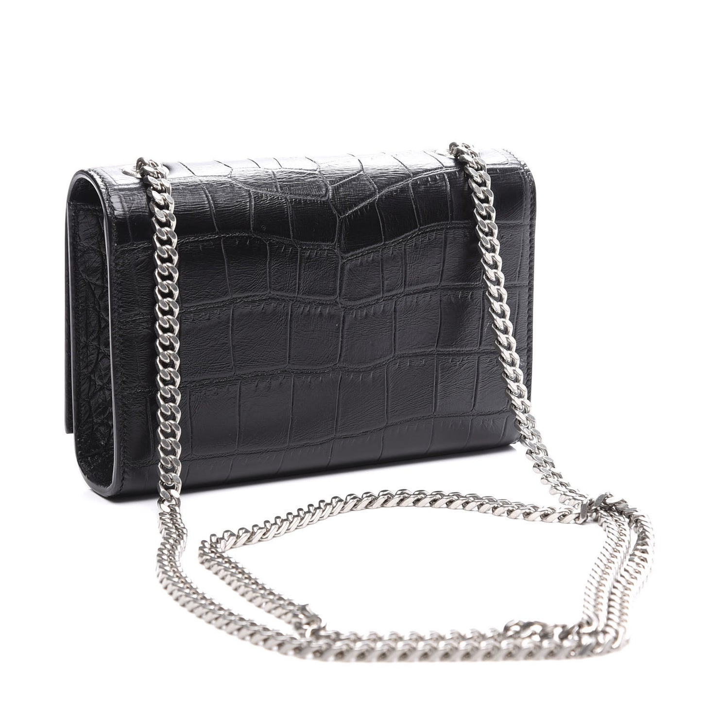 Calfskin Crocodile Embossed Monogram Small Kate Tassel Satchel Black