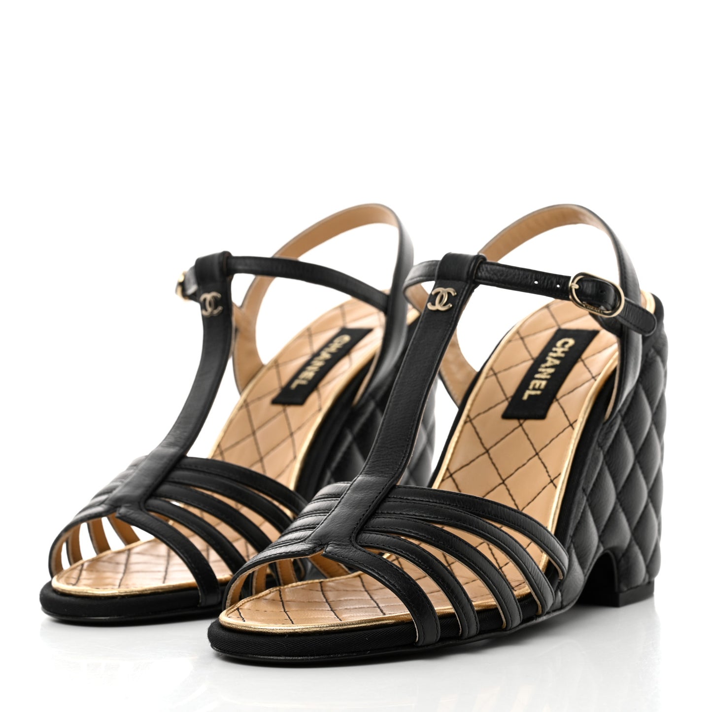 Grained Calfskin Quilted Wedge Sandals 37.5 Black