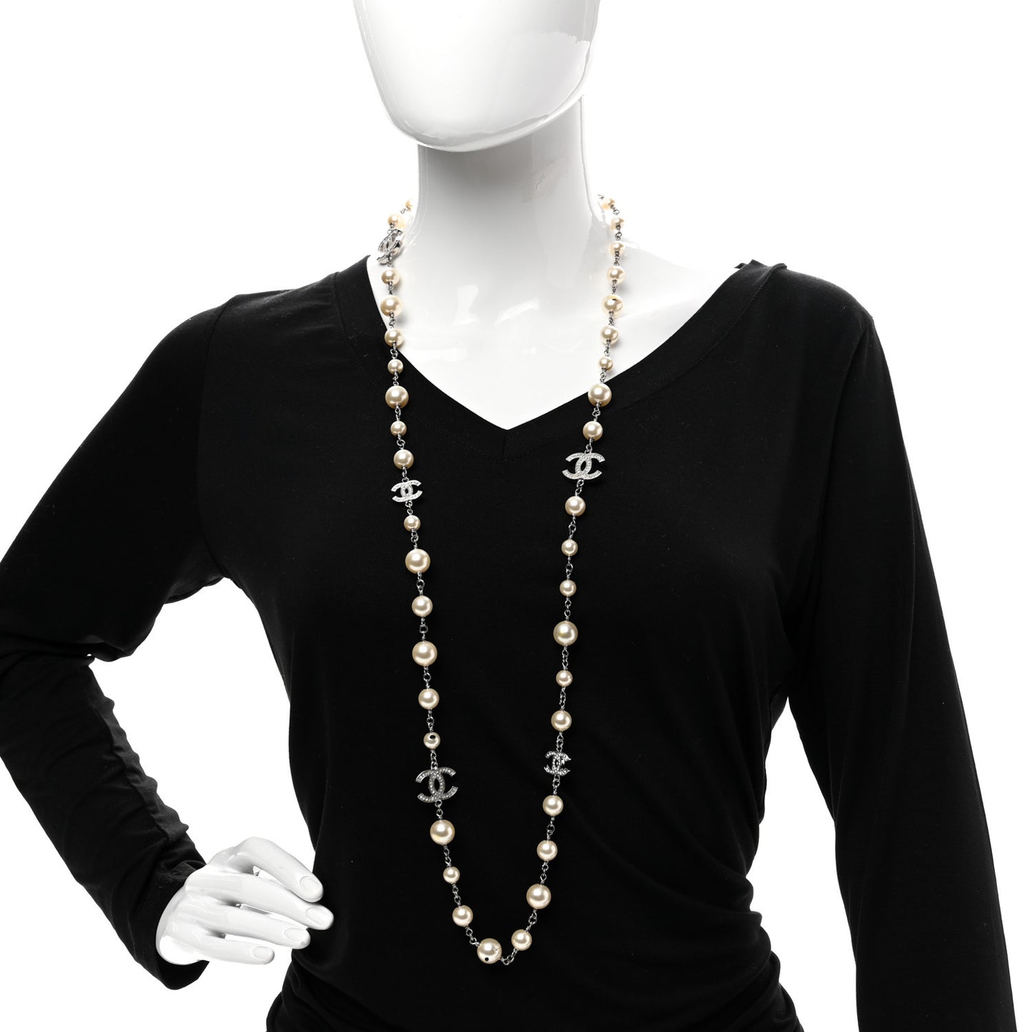 Graduated Pearl Crystal CC Long Necklace Silver