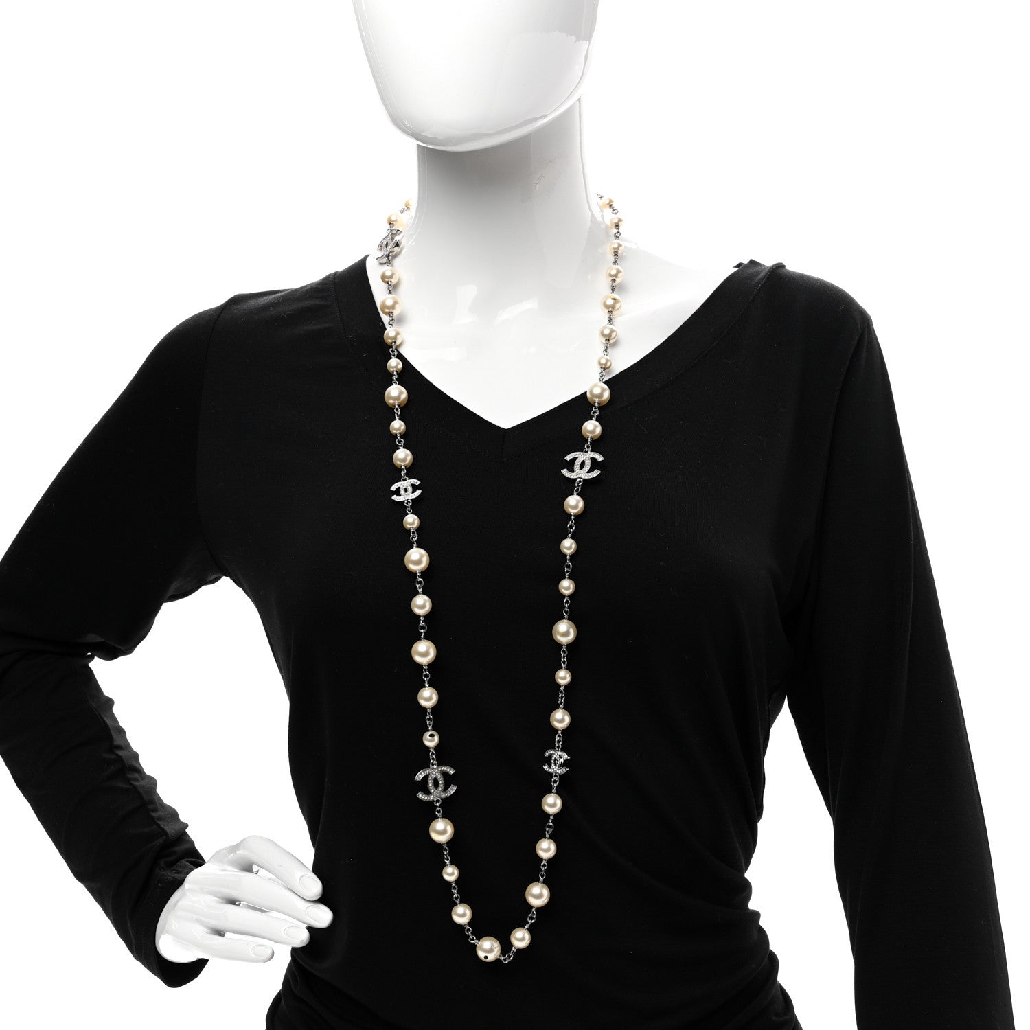 Chanel Graduated Pearl Crystal CC Long Necklace Silver 2 of 6